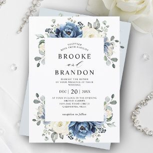 Dusty Blue Navy Champagne Ivory Blommigt Bröllop I Inbjudningar