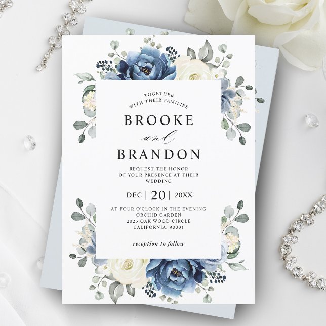 Dusty Blue Navy Champagne Ivory Blommigt Bröllop I Inbjudningar (Dusty blue Ivory floral wedding invitation)