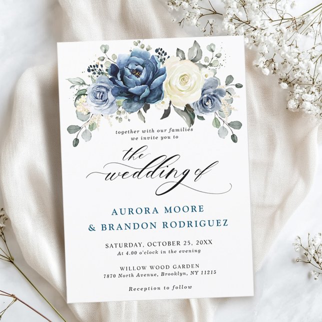 Dusty Blue Navy Champagne Ivory Blommigt Bröllop I Inbjudningar (Dusty Blue Navy Champagne Ivory Floral Wedding Invitation)