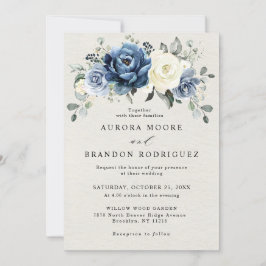 Dusty Blue Navy Champagne Ivory Blommigt Bröllop I Inbjudningar