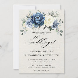 Dusty Blue Navy Champagne Ivory Blommigt Bröllop I Inbjudningar