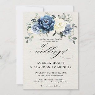 Dusty Blue Navy Champagne Ivory Blommigt Bröllop I Inbjudningar