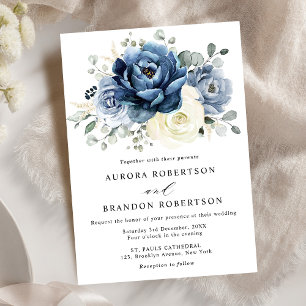 Dusty Blue Navy Champagne Ivory Blommigt Bröllop Inbjudningar