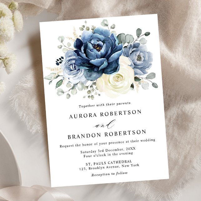 Dusty Blue Navy Champagne Ivory Blommigt Bröllop Inbjudningar (Dusty Blue Navy Champagne Ivory Floral Wedding Invitation)