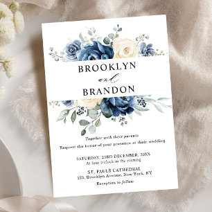 Dusty Blue Navy Champagne Ivory Blommigt Bröllop Inbjudningar