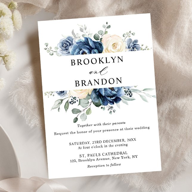 Dusty Blue Navy Champagne Ivory Blommigt Bröllop Inbjudningar (Dusty Blue Navy Champagne Ivory Floral Wedding Invitation)