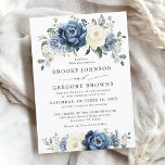 Dusty Blue Navy Champagne Ivory Blommigt Bröllop Inbjudningar<br><div class="desc">Bröllopbjudan till Dusty Blue blommigt med elegant bouquet marinblått,  royal blått,  vitt,  guld,  champagneelfenben,   färg ro,  ranunculus blomknoppar och sage grönt eucalyptus löv och elegant vattenfärgsbuquet. Kontakta mig om du behöver hjälp med anpassning eller om du behöver någon annan produkt med den här designen.</div>