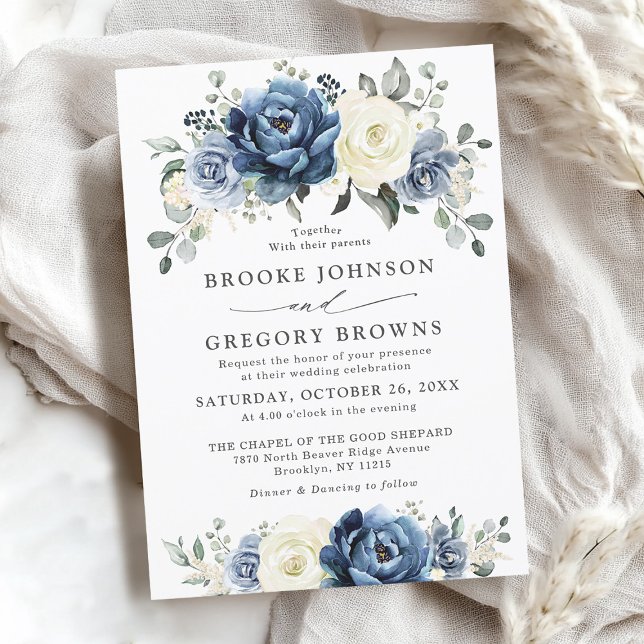 Dusty Blue Navy Champagne Ivory Blommigt Bröllop Inbjudningar (Dusty Blue Navy Champagne Ivory Floral Wedding Invitation)