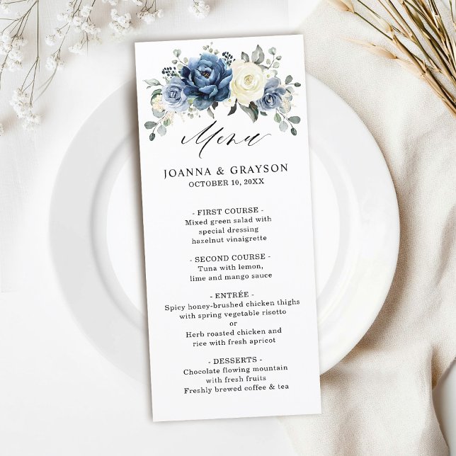 Dusty Blue Navy Champagne Ivory Blommigt Bröllop Meny (Dusty Blue Navy Champagne Ivory Floral Wedding Menu)