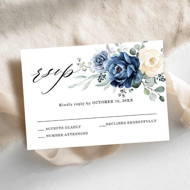 Dusty Blue Navy Champagne Ivory Blommigt Bröllop OSA Kort (Dusty Blue Navy Champagne Ivory Floral Wedding RSVP Card)