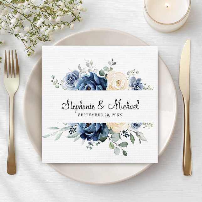 Dusty Blue Navy Champagne Ivory Blommigt Bröllop Pappersservett (Dusty Blue Navy Champagne Ivory Floral Wedding Napkins)