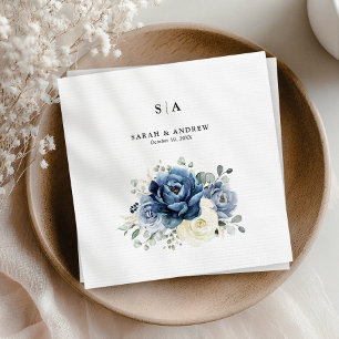 Dusty Blue Navy Champagne Ivory Blommigt Bröllop Pappersservett