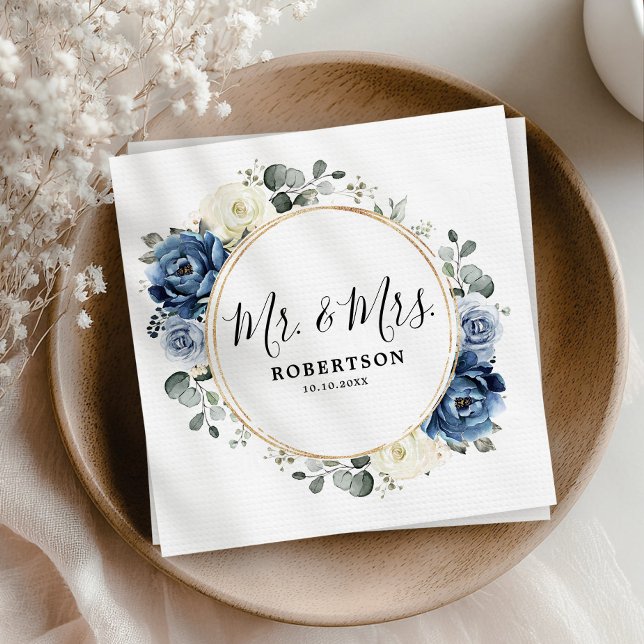 Dusty Blue Navy Champagne Ivory Blommigt Bröllop Pappersservett (Dusty Blue Navy Champagne Ivory Floral Wedding Napkins)