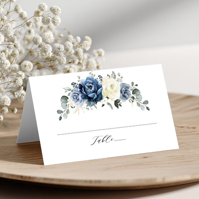 Dusty Blue Navy Champagne Ivory Blommigt Bröllop Placeringskort (Dusty Blue Navy Champagne Ivory Floral Wedding Place Card)