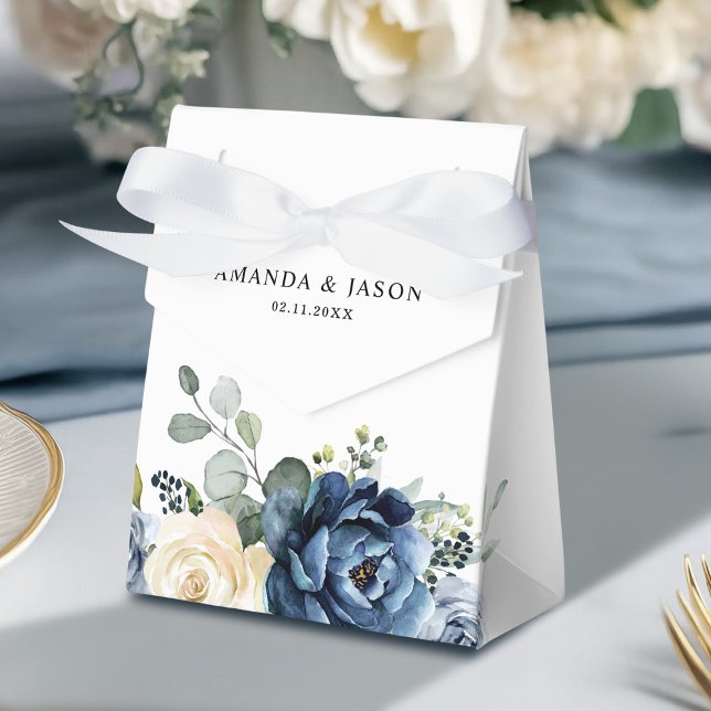 Dusty Blue Navy Champagne Ivory Blommigt Bröllop Presentaskar (Dusty Blue Navy Champagne Ivory Floral Wedding Favor Boxes)