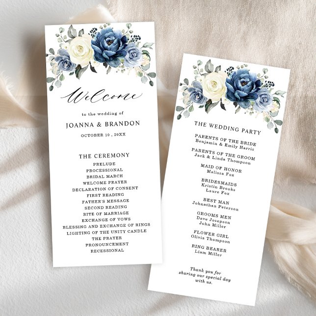 Dusty Blue Navy Champagne Ivory Blommigt Bröllop Program (Dusty Blue Navy Champagne Ivory Floral Wedding Program card)