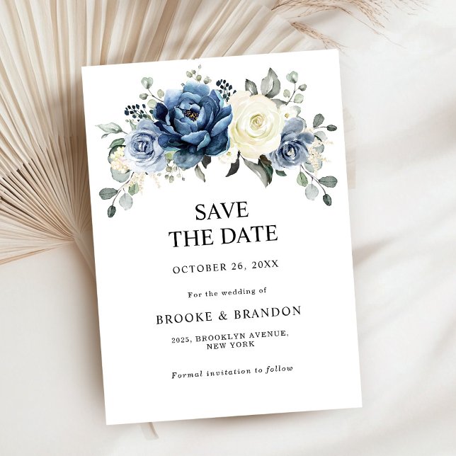 Dusty Blue Navy Champagne Ivory Blommigt Bröllop S Spara Datumet (Dusty Blue Navy Champagne Ivory Floral Wedding Save The Date card)