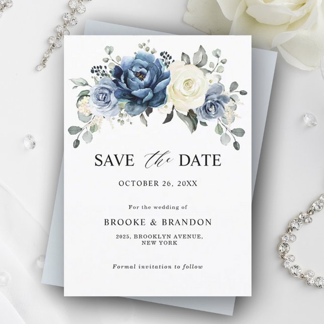 Dusty Blue Navy Champagne Ivory Blommigt Bröllop Spara Datumet (Dusty blue ivory save the date card)