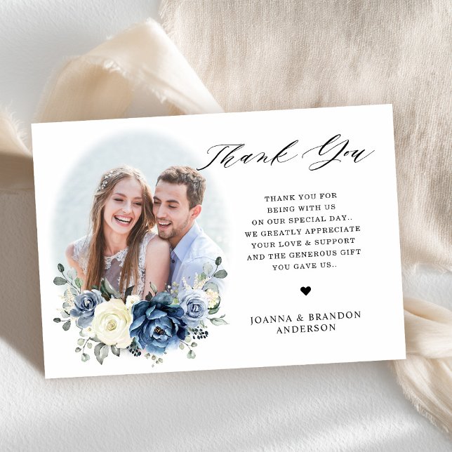 Dusty Blue Navy Champagne Ivory Blommigt Bröllop Tack Kort (Dusty Blue Navy Champagne Ivory Floral Wedding Thank You Card)
