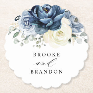 Dusty Blue Navy Champagne Ivory Blommigt Bröllop Underlägg Papper