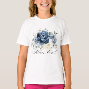 Dusty Blue Navy Champagne Ivory Blommigt Flower T Shirt