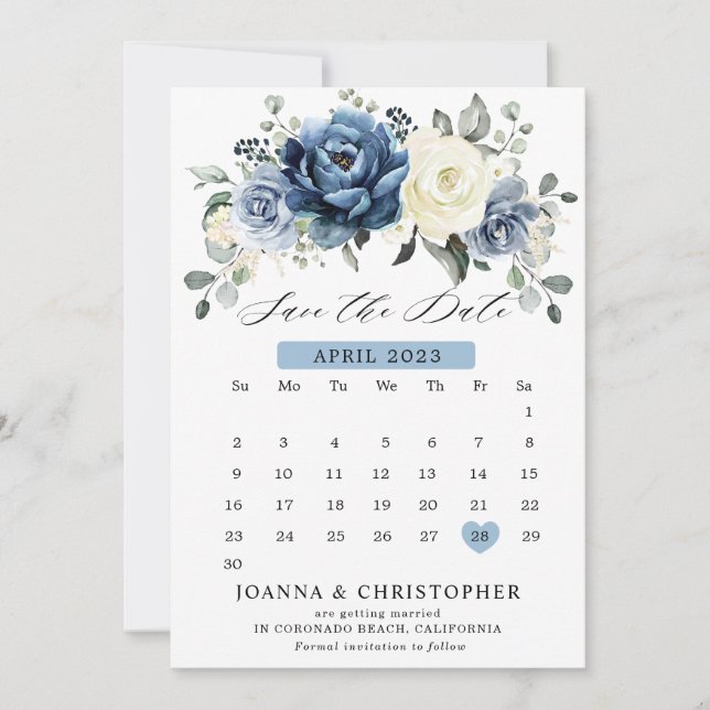 Dusty Blue Navy Champagne Ivory Blommigt Kalender  Spara Datumet (Framsida)