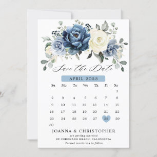 Dusty Blue Navy Champagne Ivory Blommigt Kalender  Spara Datumet