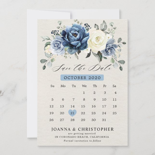 Dusty Blue Navy Champagne Ivory Blommigt Kalender  Spara Datumet (Framsida)
