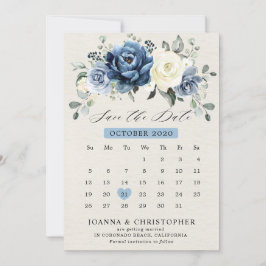 Dusty Blue Navy Champagne Ivory Blommigt Kalender  Spara Datumet