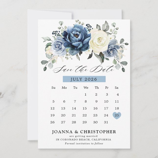 Dusty Blue Navy Champagne Ivory Blommigt Kalender Spara Datumet (Framsida)