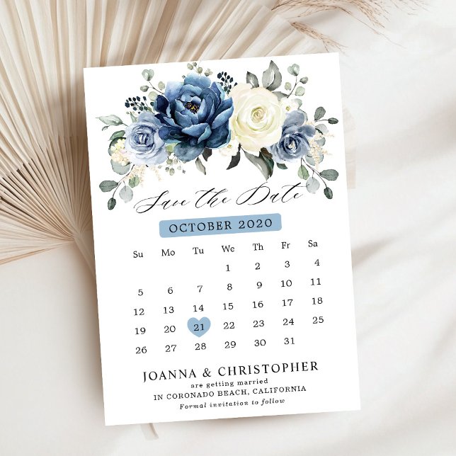Dusty Blue Navy Champagne Ivory Blommigt Kalender Spara Datumet (Dusty Blue Navy Champagne Ivory Floral calendar Save The Date card)