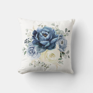 Dusty Blue Navy Champagne Ivory Blommigt Kudde