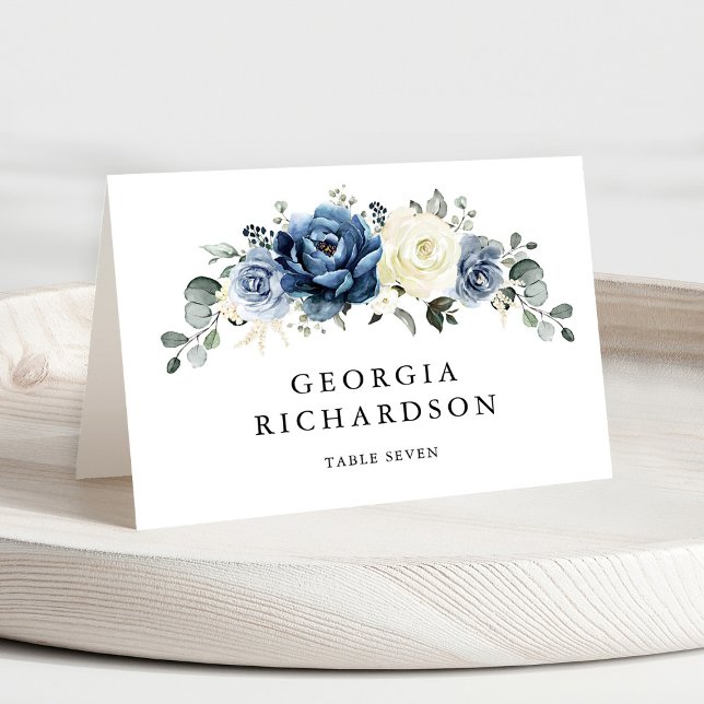 Dusty Blue Navy Champagne Ivory Blommigt Place Car Bordsnummer (Dusty Blue Navy Champagne Ivory Floral Guest Name Place Card)