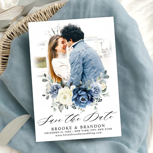 Dusty Blue Navy Champagne Ivory Blommigt Spara Datumet (Dusty Blue Navy Champagne Ivory Floral Save The Date)