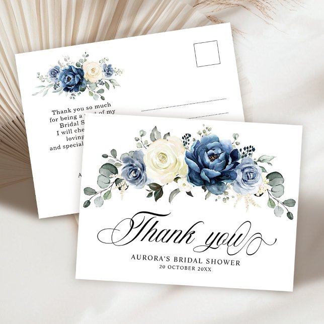 Dusty Blue Navy Champagne Ivory Blommigt Tack Vykort (Dusty Blue Navy Champagne Ivory Floral Bridal Shower Thank you Postcard)