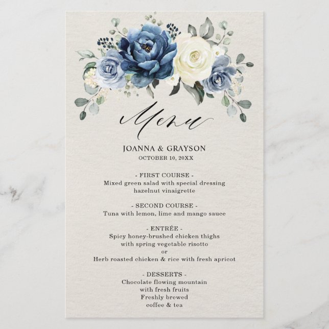 Dusty Blue Navy Champagne Ivory Bröllop Menu (Framsida)