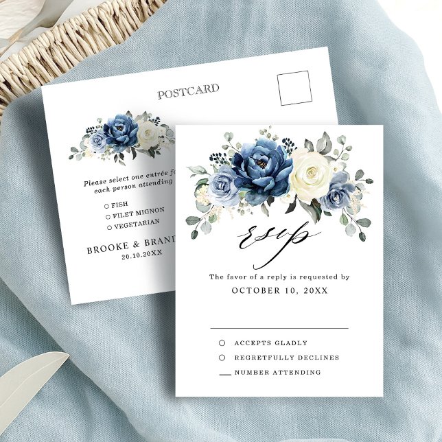 Dusty Blue Navy Champagne Ivory Bröllop OSA Postc Vykort (Dusty Blue Navy Champagne Ivory Wedding RSVP Postcard with meal choice )