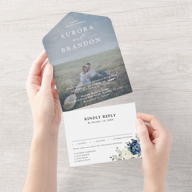 Dusty Blue Navy Champagne Ivory Bröllop Photo (Tearaway)