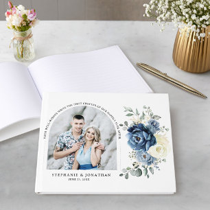 Dusty Blue Navy Champagne Ivory Bröllop Photo Gästböcker