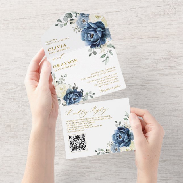 Dusty Blue Navy Champagne Ivory Bröllop QR-kod (Avrivbar del)
