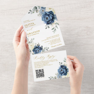 Dusty Blue Navy Champagne Ivory Bröllop QR-kod