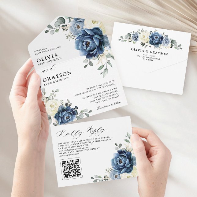 Dusty Blue Navy Champagne Ivory Bröllop QR-kod (Dusty Blue Navy Champagne Ivory Wedding QR Code All In One Invitation)