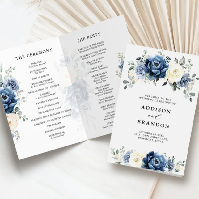 Dusty Blue Navy Champagne Ivory Bröllopsprogram (Dusty Blue Navy Champagne Ivory folded budget Wedding Program
)