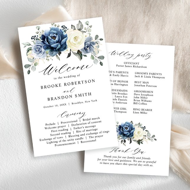 Dusty Blue Navy Champagne Ivory Bröllopsprogram (Dusty Blue Navy Champagne Ivory Wedding Program card)