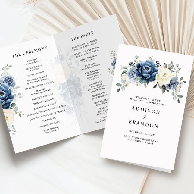Dusty Blue Navy Champagne Ivory Bröllopsprogram (Dusty Blue Navy Champagne Ivory folded Wedding Program)