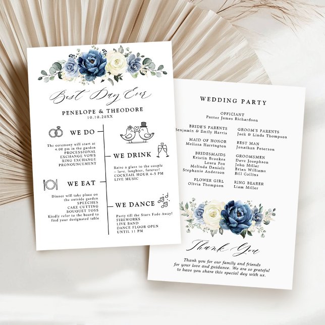Dusty Blue Navy Champagne Ivory Bröllopsprogram Inbjudningar (Dusty Blue Navy Champagne Ivory Wedding Program card | Best day ever)