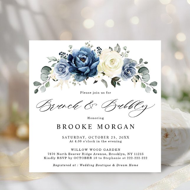 Dusty Blue Navy Champagne Ivory Brunch och BubLY Inbjudningar (Dusty Blue Navy Champagne Ivory Brunch and Bubbly bridal shower Invitation)