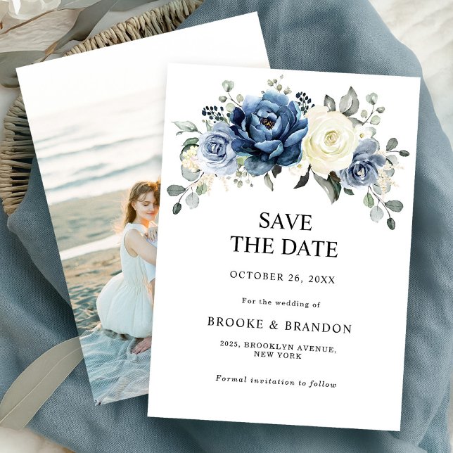 Dusty Blue Navy Champagne Ivory Chic Photo Bröllop Spara Datumet (Dusty Blue Navy Champagne Ivory Chic Photo Wedding Save The Date)