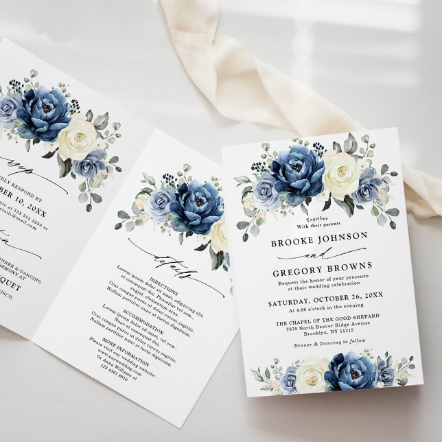 Dusty Blue Navy Champagne Ivory Foldad Bröllop Inbjudan (Dusty Blue Navy Champagne Ivory Floral Wedding Invitation)
