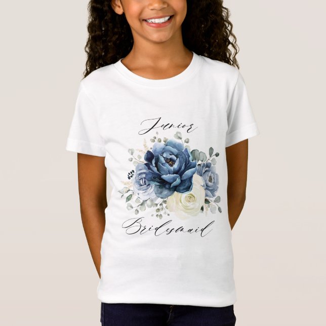 Dusty Blue Navy Champagne Ivory Junior Bridesmaid T Shirt (Framsida)